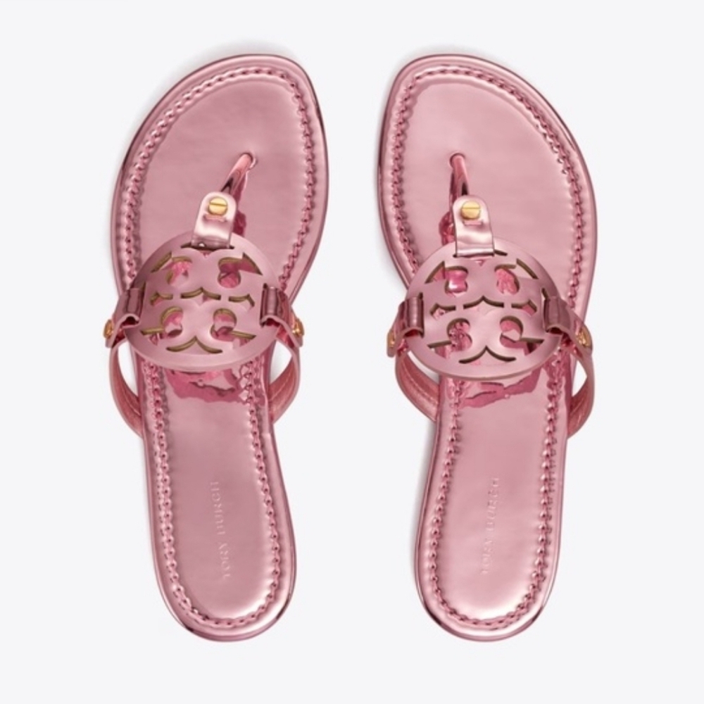 Pink Metallic tory Burch Logo Flip Flops Sandals Shoes